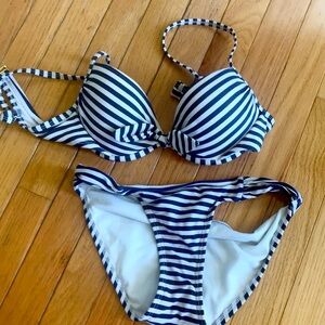 Blue and white striped bikini stunning
